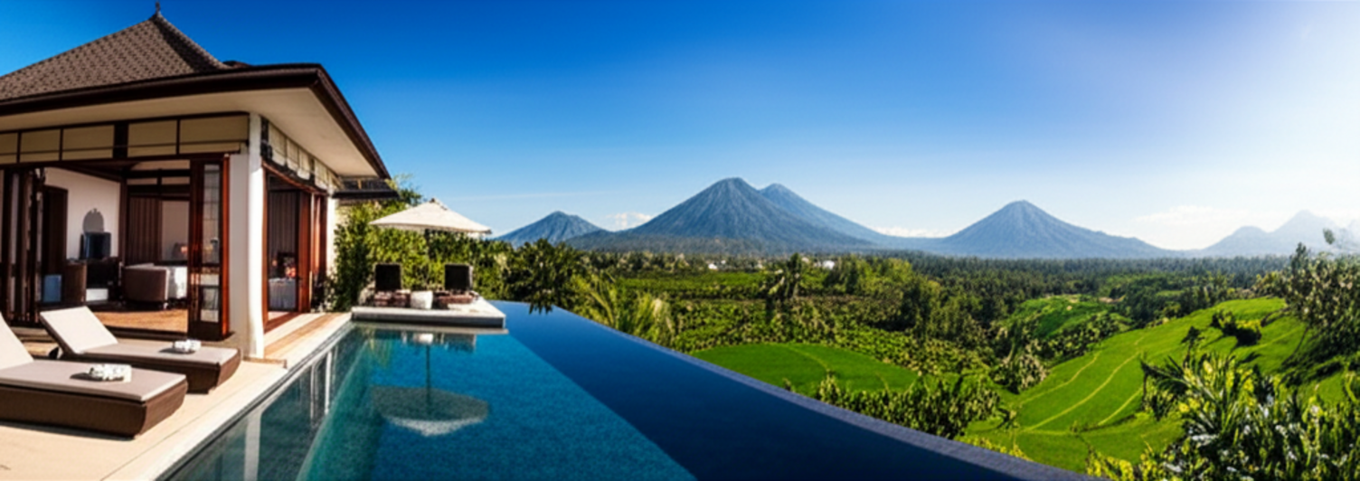 A stunning, modern Balinese villa with a large infinity pool, surrounded by vibrant green rice terraces under a clear blue sky. The scene evokes luxury, tranquility, and the natural beauty of Bali, ideal for a profitable rental investment.
