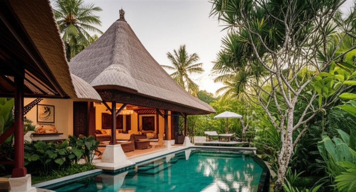 A luxurious modern Balinese villa with traditional thatched roof and intricate carvings, nestled within a lush tropical landscape with an infinity pool, symbolizing the blend of traditional and contemporary architecture in Bali.