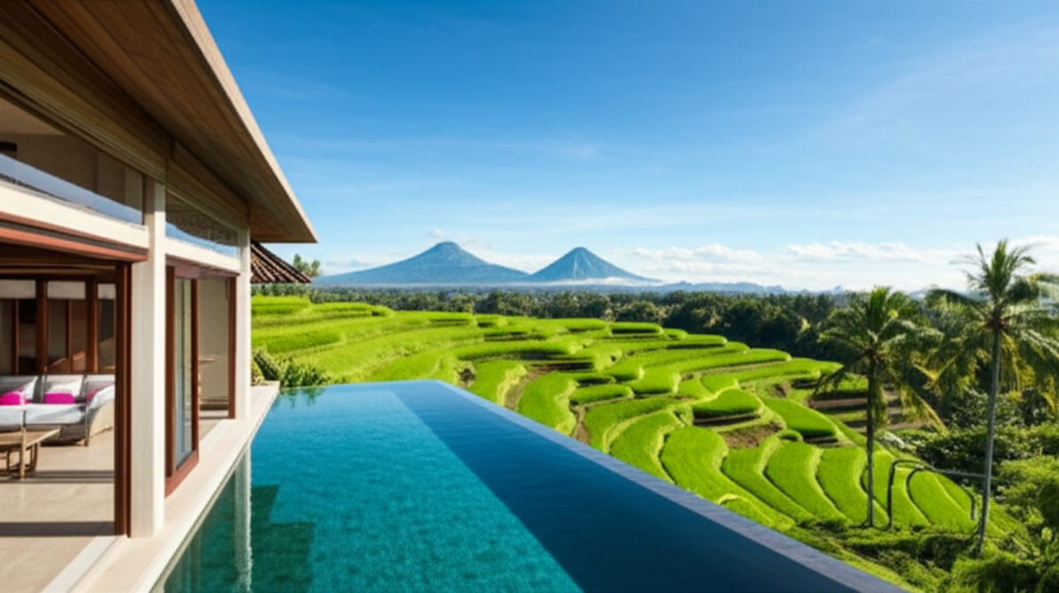 A stunning panoramic view of a luxurious modern villa in Bali, featuring an expansive infinity pool, surrounded by verdant rice terraces and majestic volcanic peaks, symbolizing lucrative real estate investment opportunities in a serene tropical setting.