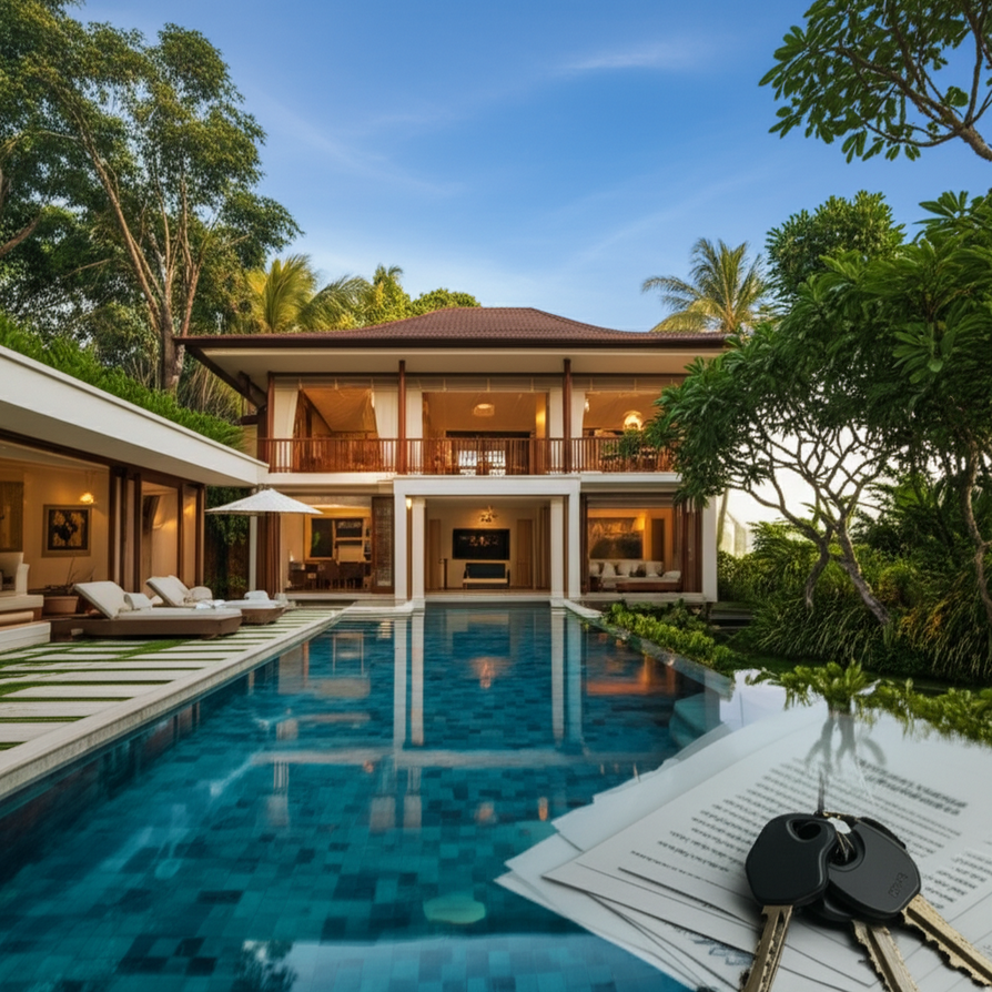 Modern luxurious villa in Bali with tropical gardens and infinity pool, with a subtle overlay of legal documents, representing secure property investment for foreigners.