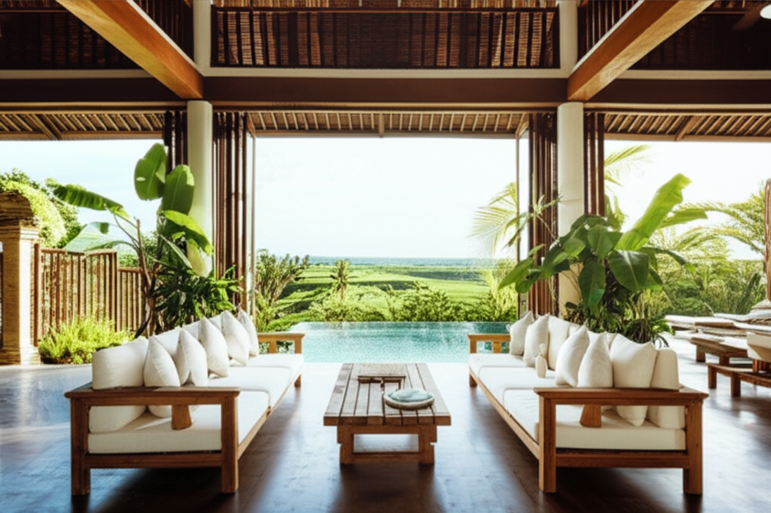 A luxurious and serene Bali-inspired open-plan living room with a seamless indoor-outdoor flow, showcasing natural wood, tropical plants, and a private infinity pool, perfect for a dream island home design.