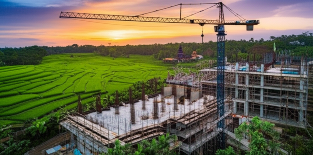 A high-angle view of a modern construction site in Bali, featuring a contemporary villa being built amidst traditional rice paddies and distant Balinese temples during sunset. The image highlights the blend of new development with the island's natural and cultural landscape, symbolizing the Bali Construction Renaissance.