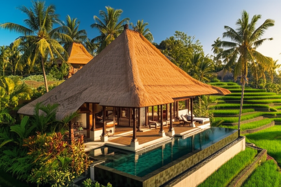 A breathtaking image of a traditional yet luxurious Balinese villa at sunset, showcasing its iconic multi-tiered thatched roof and detailed wooden craftsmanship. An infinity pool reflects the serene, emerald-green terraced rice paddies and lush tropical landscape, embodying the essence of Balinese architectural harmony with nature and its spiritual connection.