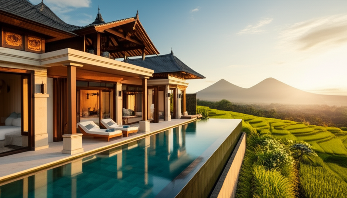 Luxurious Balinese villa at sunset, featuring an infinity pool, traditional architecture, and natural materials, overlooking vibrant green rice paddies, evoking a sense of tranquility and exotic living.