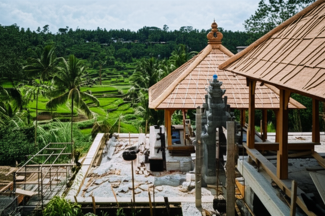 A stunning aerial view of a luxurious Bali villa under construction, nestled amidst vibrant tropical greenery. The image highlights traditional Balinese architectural elements, modern building techniques, and workers on site, symbolizing the creation of an enduring tropical home and a personal legacy in paradise.
