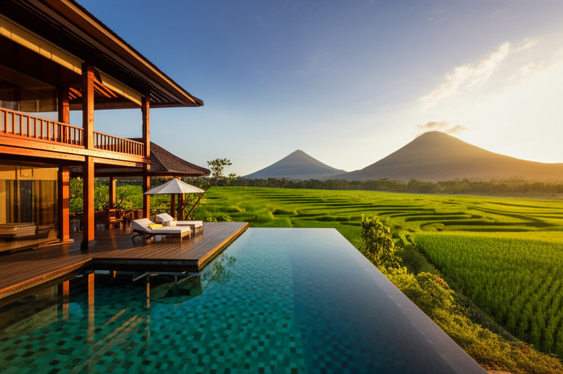 Luxurious Bali villa at sunset, with an infinity pool overlooking rice paddies and volcanoes, showcasing traditional Balinese architecture and natural building materials, perfect for a dream home or rental property.