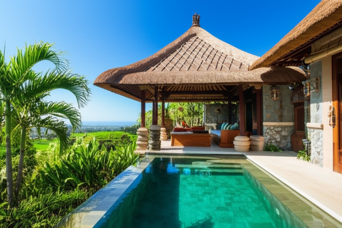 A luxurious Balinese villa with a traditional thatched roof and natural stone, featuring an infinity pool overlooking lush tropical gardens, symbolizing the dream of building a home in Bali.
