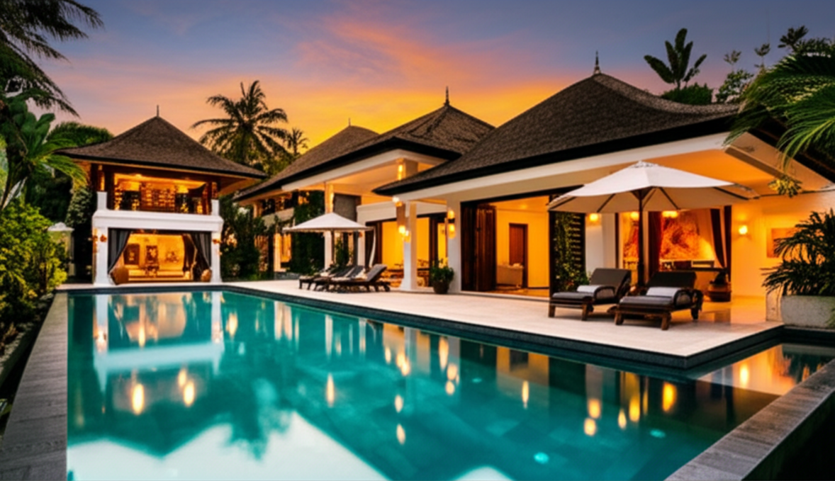 A stunning luxury Bali villa at sunset, featuring traditional Balinese architectural elements like carved wood and natural stone, combined with a modern infinity pool reflecting the golden light. Lush tropical landscaping with palm trees and vibrant flowers frames the property, creating an image of serene and exotic dream home realization. This photo is ideal for an article on building a legacy Bali villa.