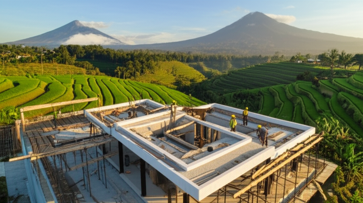 A modern, eco-friendly villa construction site in Bali at dawn, blending traditional Balinese architecture with contemporary design. Construction workers are visible, set against lush green rice terraces and majestic volcanic mountains, symbolizing progressive development in harmony with nature and cultural heritage.