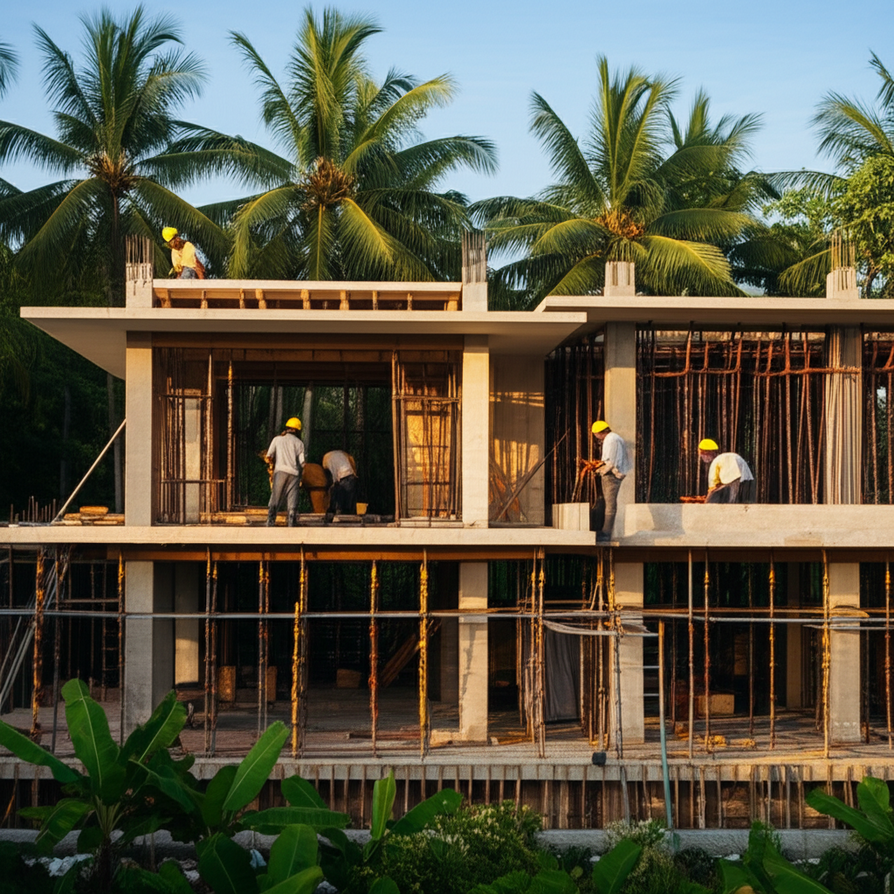 A luxurious villa being constructed in Bali, featuring contemporary design elements amidst a vibrant tropical landscape. Construction workers in hard hats and safety vests are visible, working on the structure. The image captures the essence of premier general construction in Bali, emphasizing quality and expertise in a serene environment.