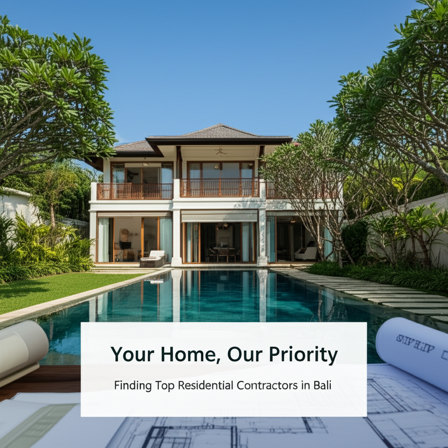 An aerial view of a beautifully designed modern residential villa under construction in Bali, featuring a blend of traditional Balinese architecture, a lush tropical garden, and a sparkling swimming pool, symbolizing expert residential contracting.