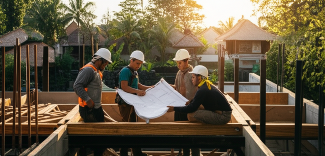 Local Balinese contractors collaborating on the construction of a modern villa in Bali, surrounded by tropical nature, showcasing skilled craftsmanship and local expertise in a professional setting.