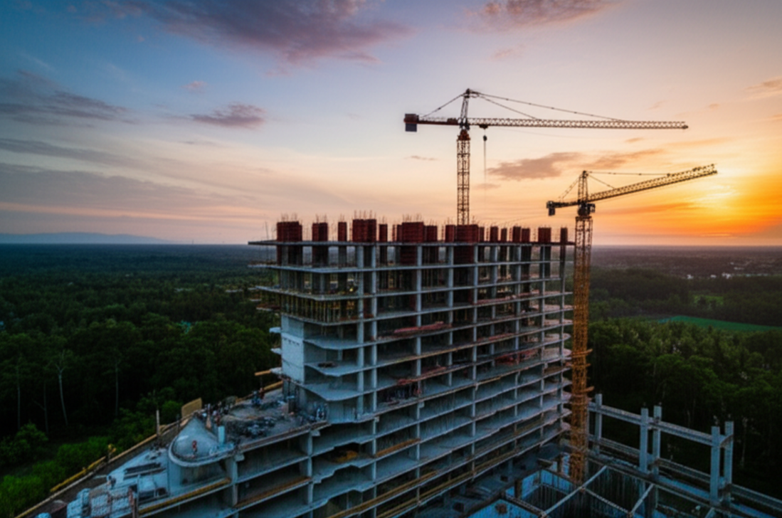 A modern commercial building under construction in Bali, featuring cranes, workers, and a blend of contemporary design with subtle traditional Balinese architectural touches, set against a backdrop of lush tropical greenery and a vivid sunset. Represents commercial general contractors building business in Bali.