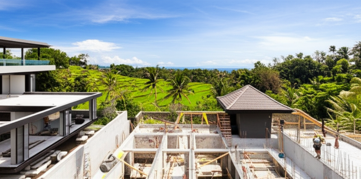 Aerial view of a luxury villa under construction in Bali, surrounded by vibrant green rice fields and tropical trees, with the ocean visible. Construction workers and equipment are present, symbolizing general construction services on the island, merging modern design with the natural Balinese landscape.