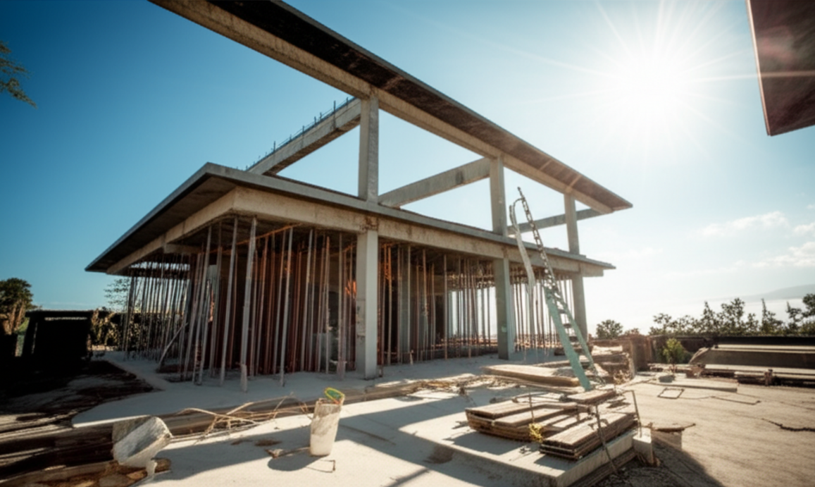 A sturdy, well-engineered modern building in Bali, showcasing robust structural elements against a backdrop of lush tropical greenery and clear skies, symbolizing expert construction and durability on the island.