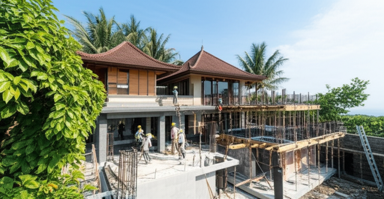A luxury residential villa under construction in Bali, showing a general contractor overseeing the site, blending modern design with traditional Balinese architecture and tropical surroundings.