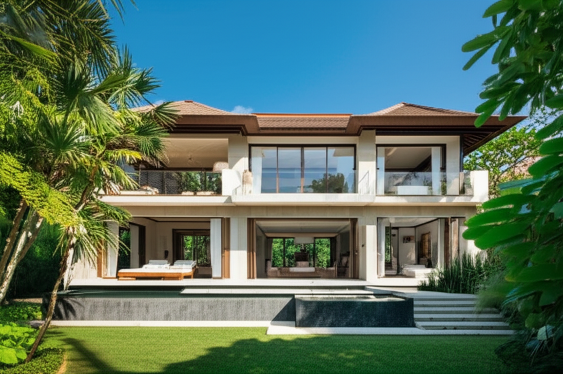 A luxurious modern Balinese villa with traditional touches, set amidst vibrant green tropical landscaping under a clear sky, symbolizing high-quality construction projects in Bali.