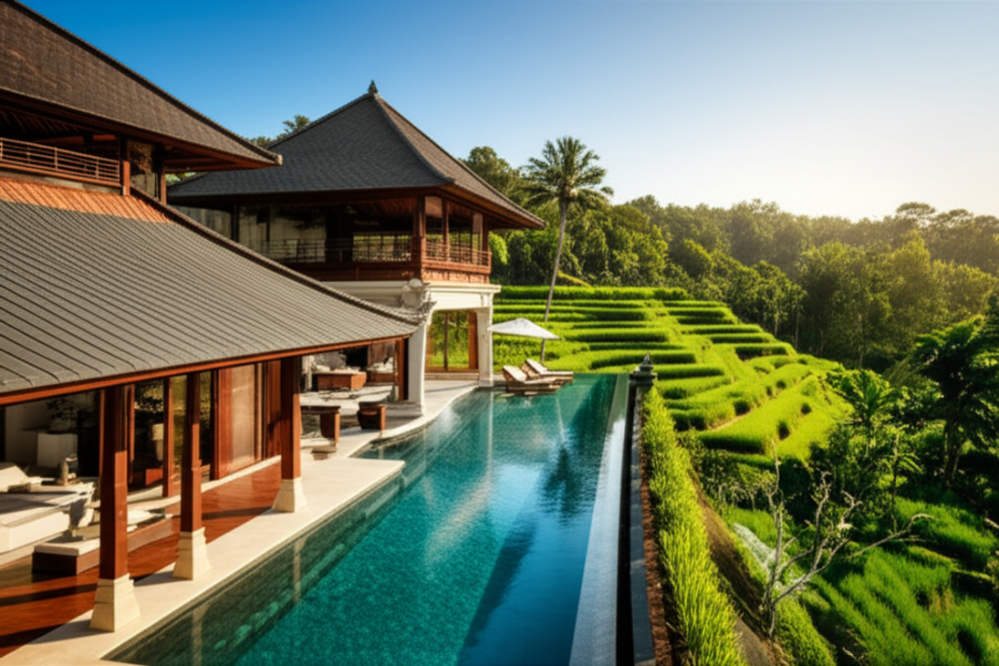 A luxurious, modern Balinese villa with a large infinity pool, surrounded by vibrant green rice paddies under a clear sky. The architecture blends traditional elements with contemporary design, showcasing natural wood and stone materials. Ideal for residential construction in Bali.