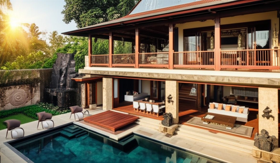 A luxurious Balinese villa undergoing renovation, showcasing a blend of traditional design with modern upgrades, surrounded by vibrant tropical gardens. Emphasizes renovation contractor Bali expertise.