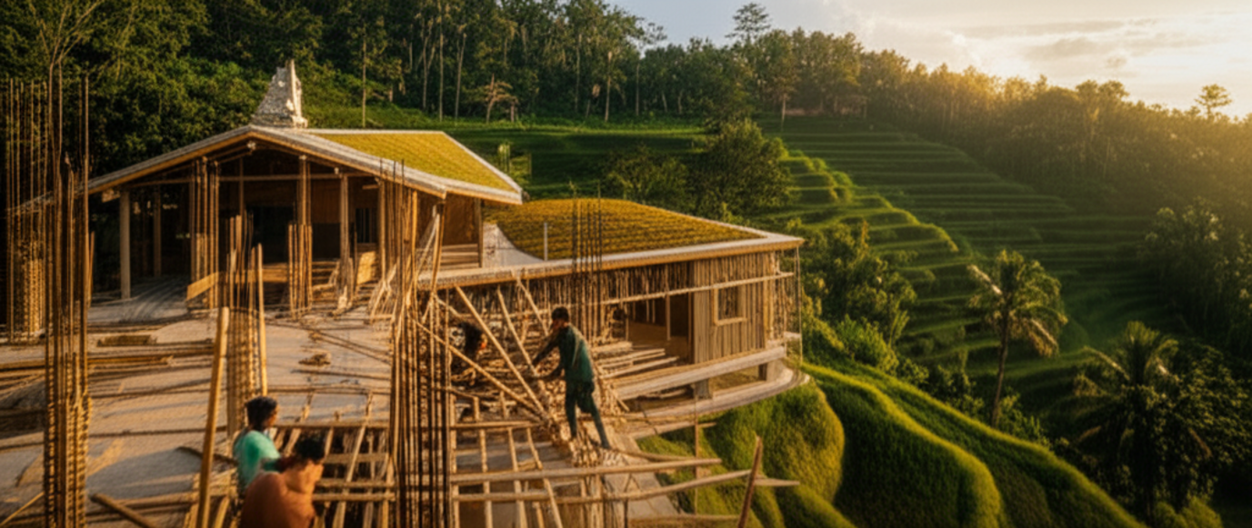 A photographic image depicting sustainable construction in Bali, showing workers building a bamboo structure with a modern, eco-friendly villa in the background, surrounded by lush Balinese landscapes, symbolizing the blend of tradition and innovation in 'construction bali'.
