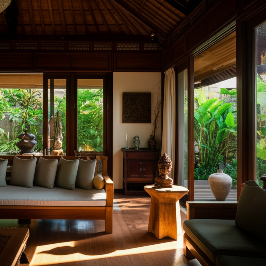 Interior of a luxurious, modern renovated villa in Bali with natural wood, tropical plants, and contemporary Balinese design, emphasizing high-quality remodel work.