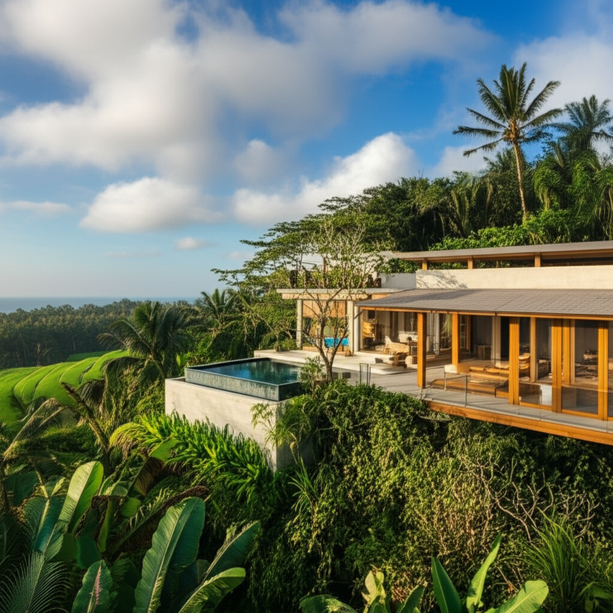 A luxurious, contemporary Balinese villa with traditional architectural influences, nestled amidst vibrant tropical landscaping, showcasing a seamless blend of indoor and outdoor living perfect for a visionary Bali build.