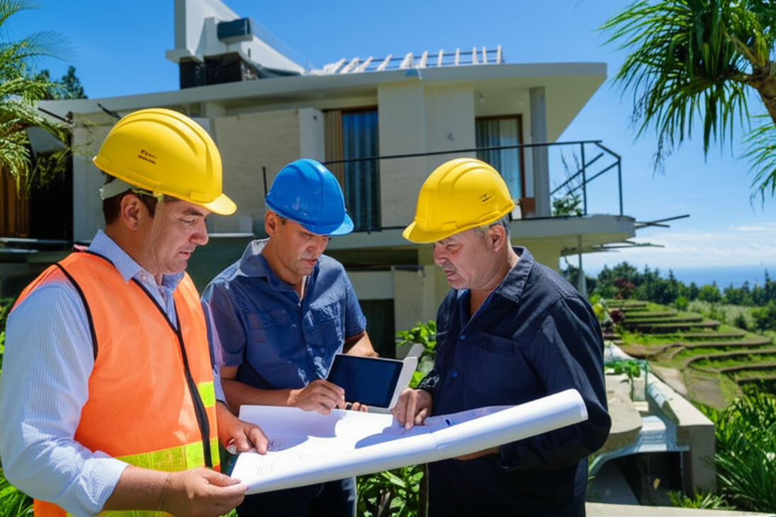 A professional general contractor and a team of workers on a modern villa construction site in Bali, surrounded by lush tropical greenery, symbolizing reliable and comprehensive building solutions on the island.
