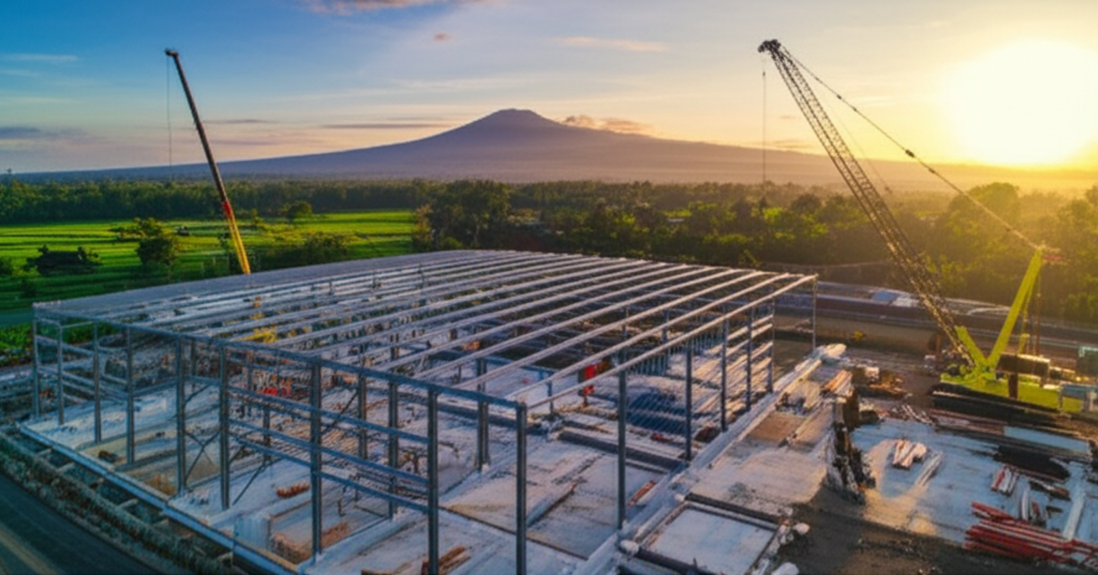 A photograph depicting a modern industrial construction site in Bali at sunrise, showing steel structures, concrete foundations, and construction equipment, with lush green landscapes in the background, symbolizing economic progress and sustainable development in Bali.