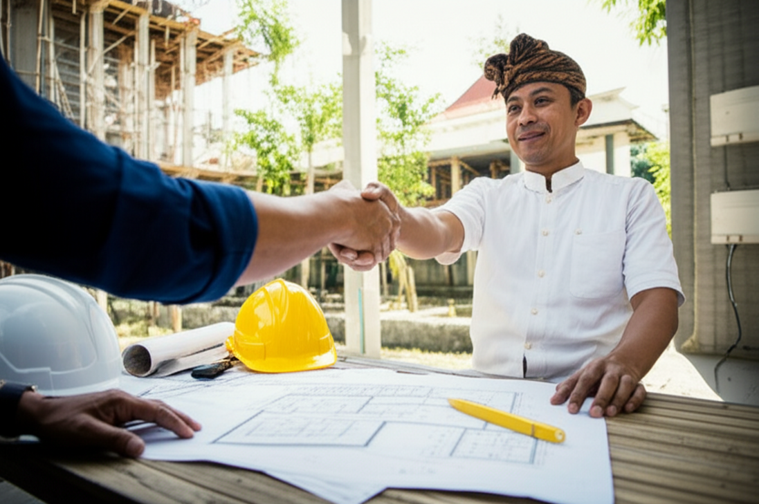 A Balinese contractor and a client shaking hands over a construction blueprint in Bali, symbolizing a fair and transparent agreement for a building project. The image depicts trust and clear communication on a tropical construction site.
