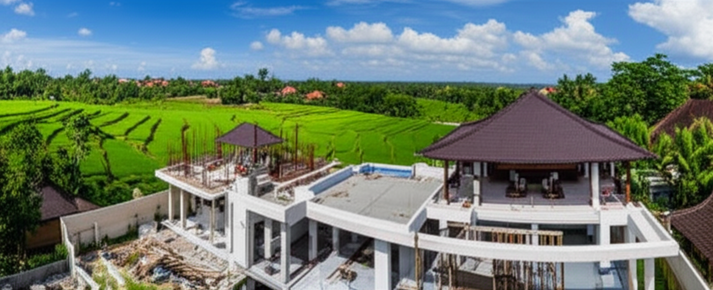 A modern luxury villa under construction in Bali, showcasing a blend of contemporary design and traditional Balinese elements, set against a backdrop of vibrant green rice paddies and a clear blue sky. The image highlights new development in Bali's unique landscape.