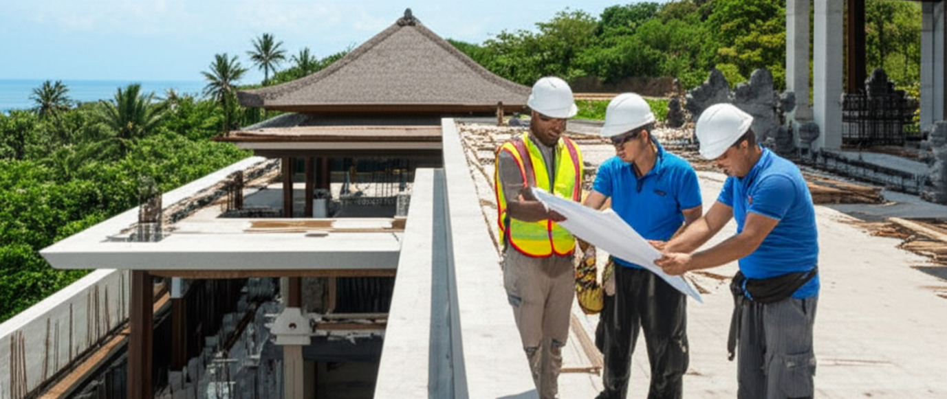 An aerial view of a sophisticated commercial development in Bali, showcasing a seamless blend of modern architectural lines with traditional Balinese influences, under the careful supervision of experienced general contractors.
