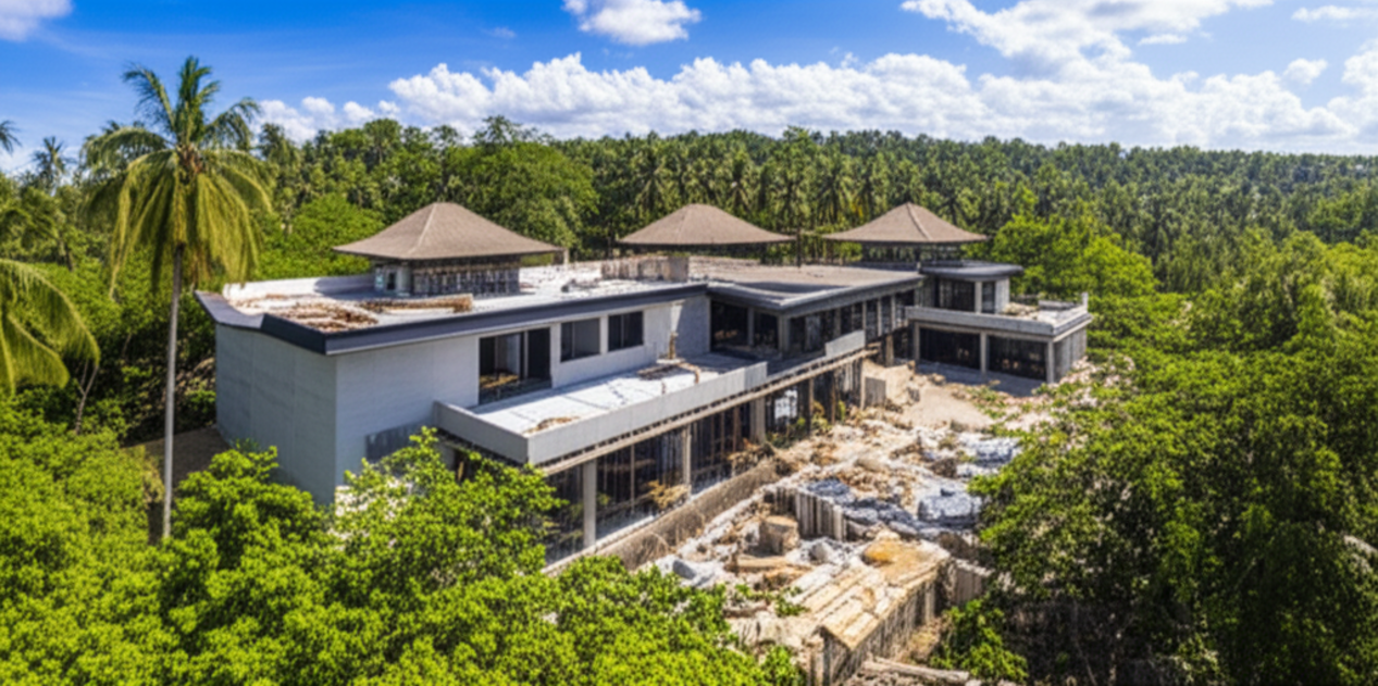 A photograph showing a modern commercial building under construction in Bali, featuring a blend of contemporary and traditional Balinese architecture, set against a backdrop of vibrant green tropical foliage and blue skies, symbolizing growth and development.
