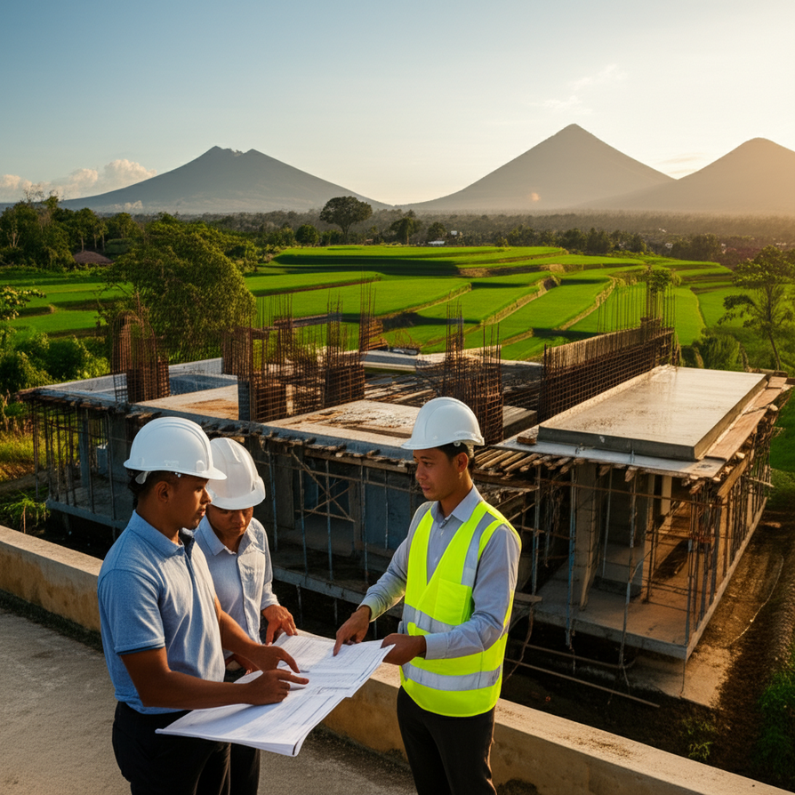 A photograph capturing a luxury villa under construction in Bali at sunset, featuring a general contractor and workers reviewing plans, with lush rice fields and volcanoes in the background, symbolizing a stress-free build in paradise.
