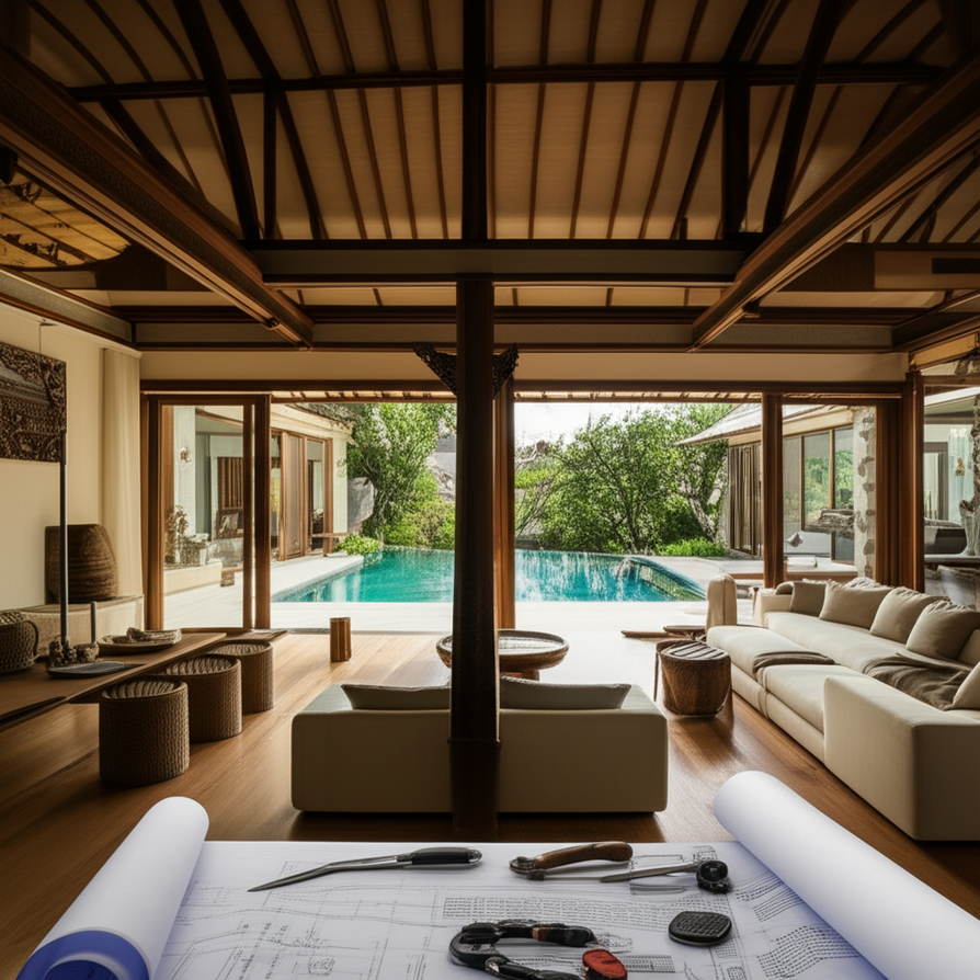 A stunning, newly renovated luxury villa interior in Bali, showcasing a seamless blend of traditional Balinese architecture and modern design, with a view of a tropical garden and infinity pool, representing expert renovation contractors in Bali.