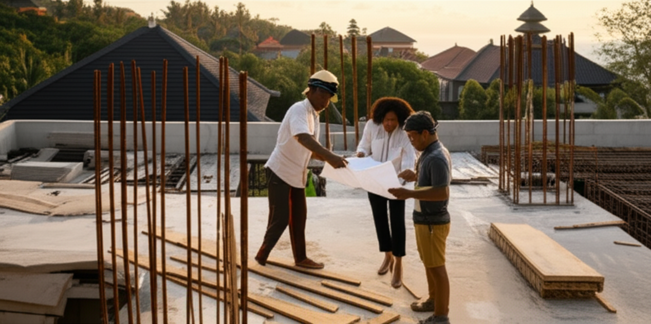 A professional construction project manager overseeing a modern villa construction site in Bali, with lush tropical greenery, traditional Balinese architecture, and a sunset backdrop. The manager and a local foreman are reviewing blueprints, symbolizing efficient and culturally sensitive project management in Bali.