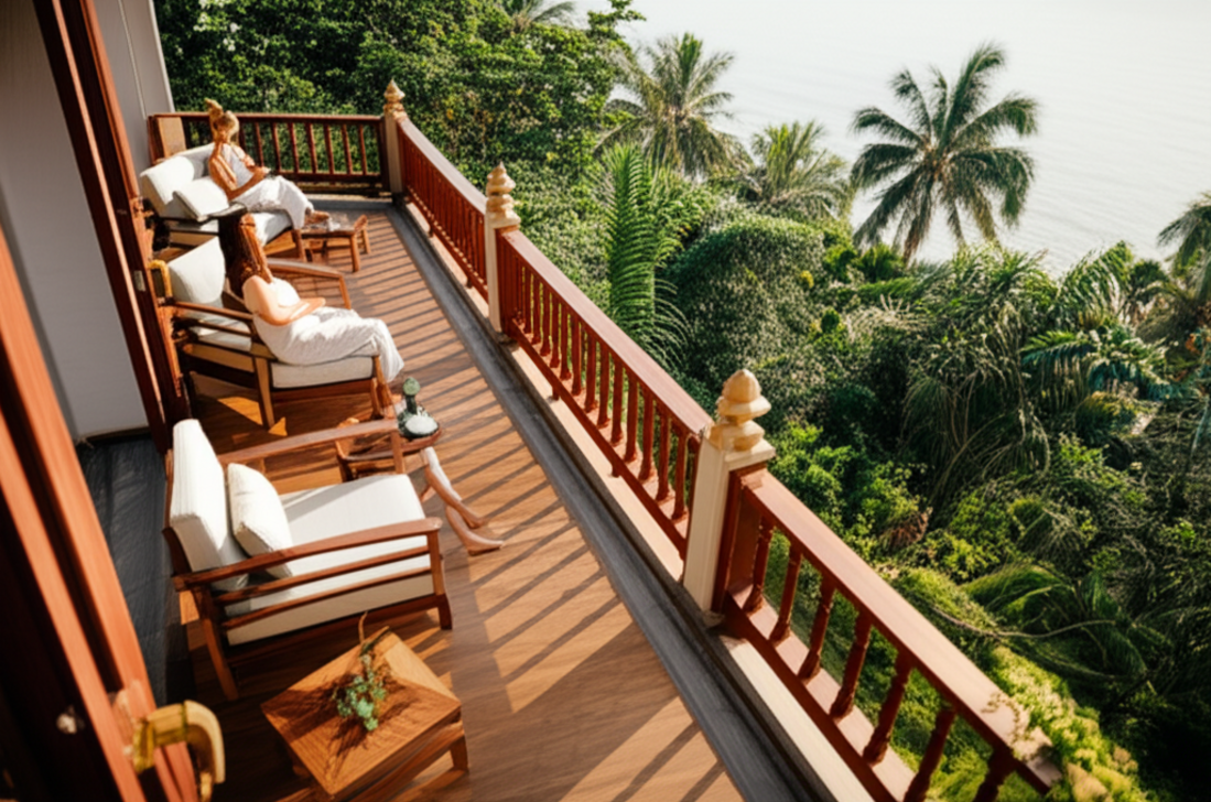 A stunning, modern balcony in Bali with wooden railings, comfortable seating, and lush tropical plants, offering an elevated view of the green landscape and distant ocean, highlighting specialized balcony construction and design.