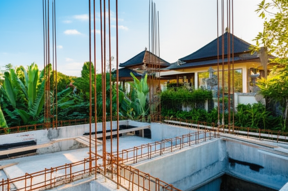 A modern villa under construction in Bali, showcasing strong foundations and the initial framework of a high-quality building. The image features a blend of contemporary design with subtle Balinese architectural influences, set against a backdrop of tropical foliage and a serene sky, symbolizing solid construction services.