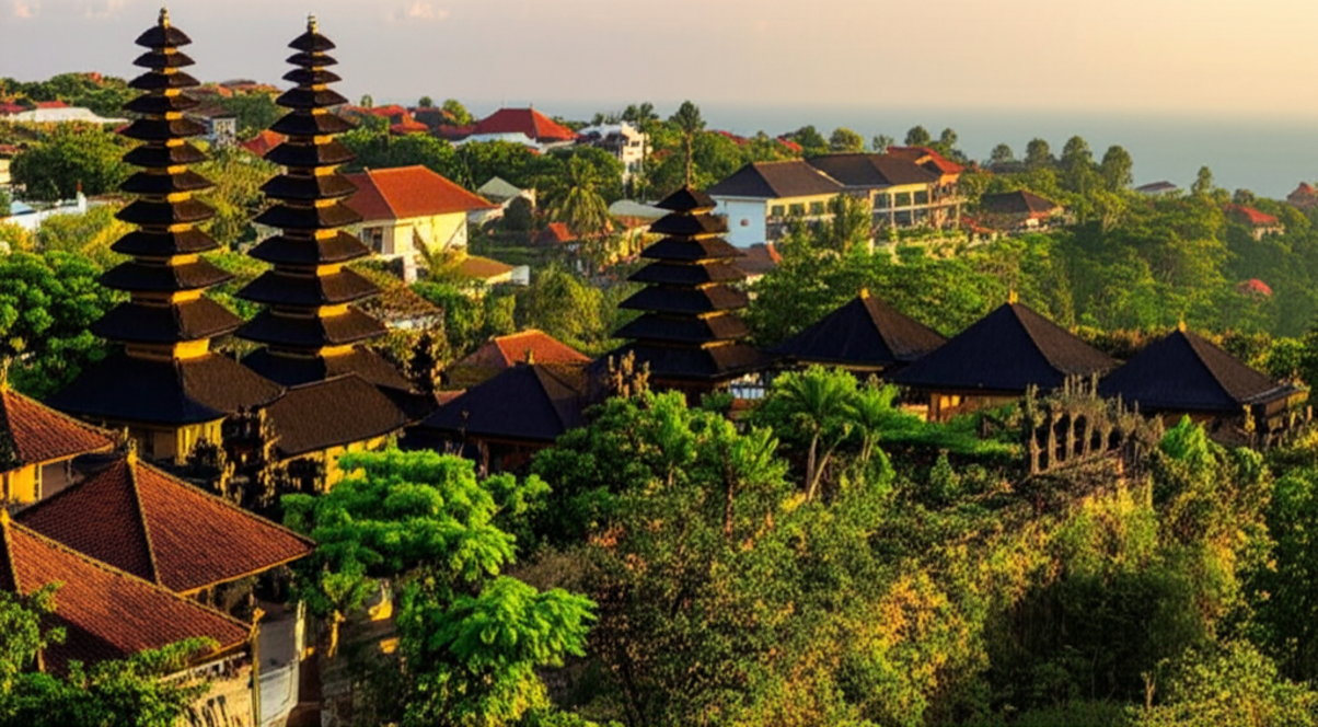 An aerial view of Bali's skyline at sunset, showing traditional red-tiled temple roofs alongside modern, low-rise resort buildings, surrounded by dense tropical foliage, with the ocean visible in the background, illustrating the island's blend of culture and development.