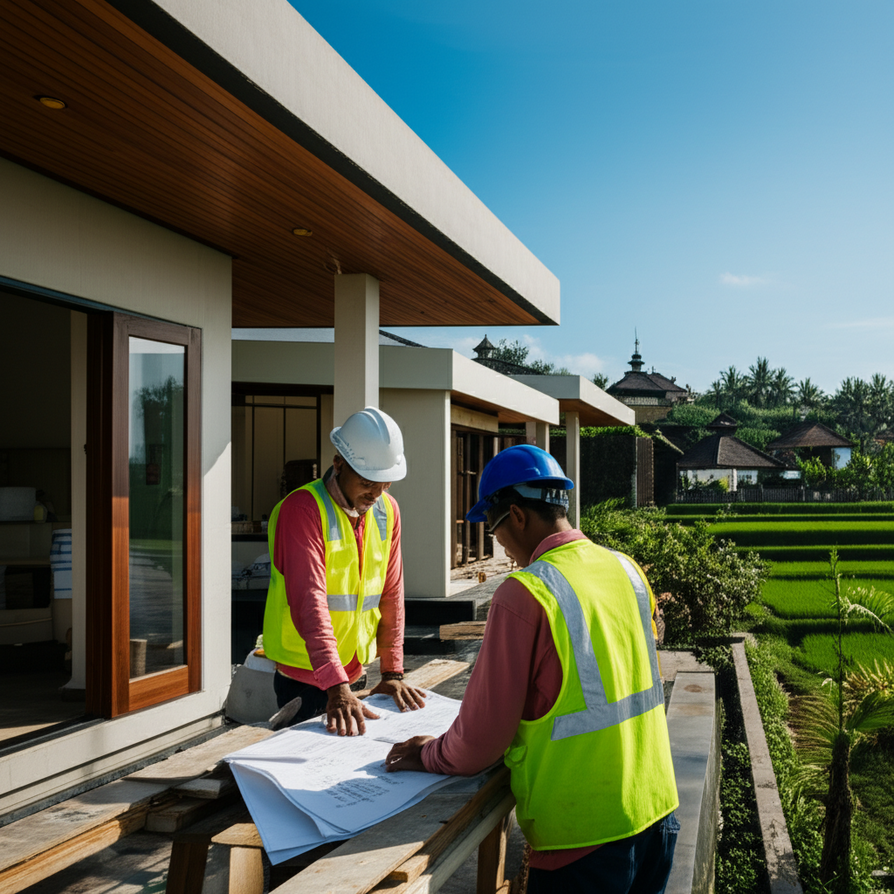 Cover image for an article on construction project planning in Bali, showing a modern building site with workers reviewing plans, set against a backdrop of traditional Balinese architecture and vibrant rice fields, symbolizing the blend of development with local culture and nature.