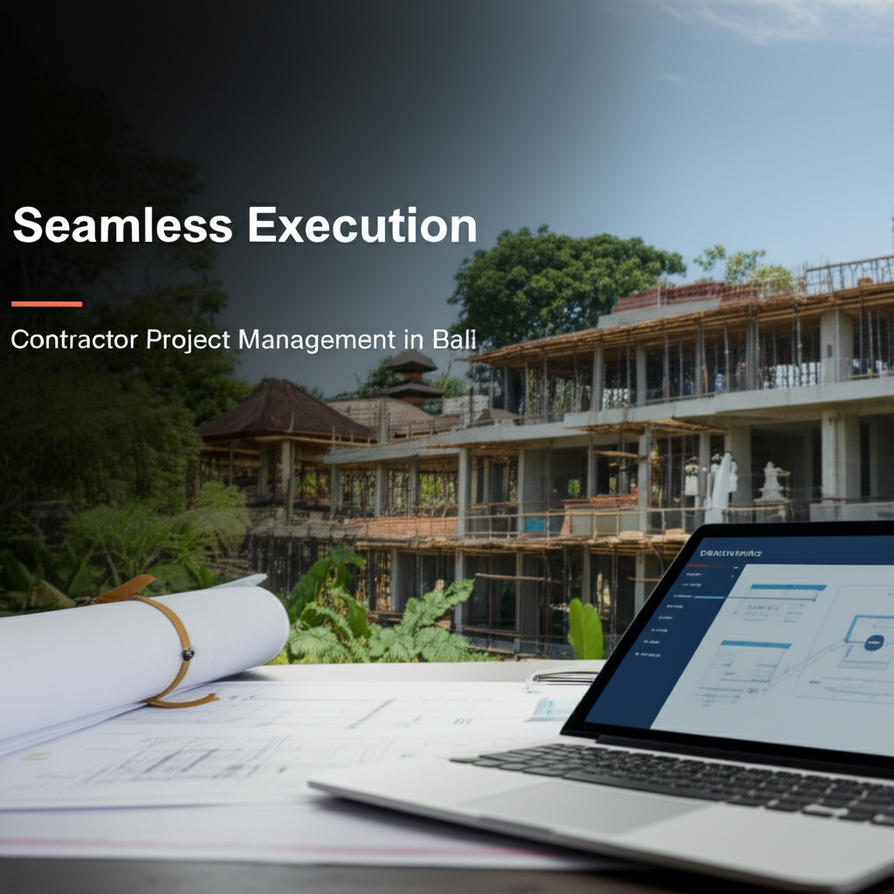 A modern luxury villa construction site in Bali, with digital project management tools on display, blending contemporary development with the island's natural beauty and traditional elements.