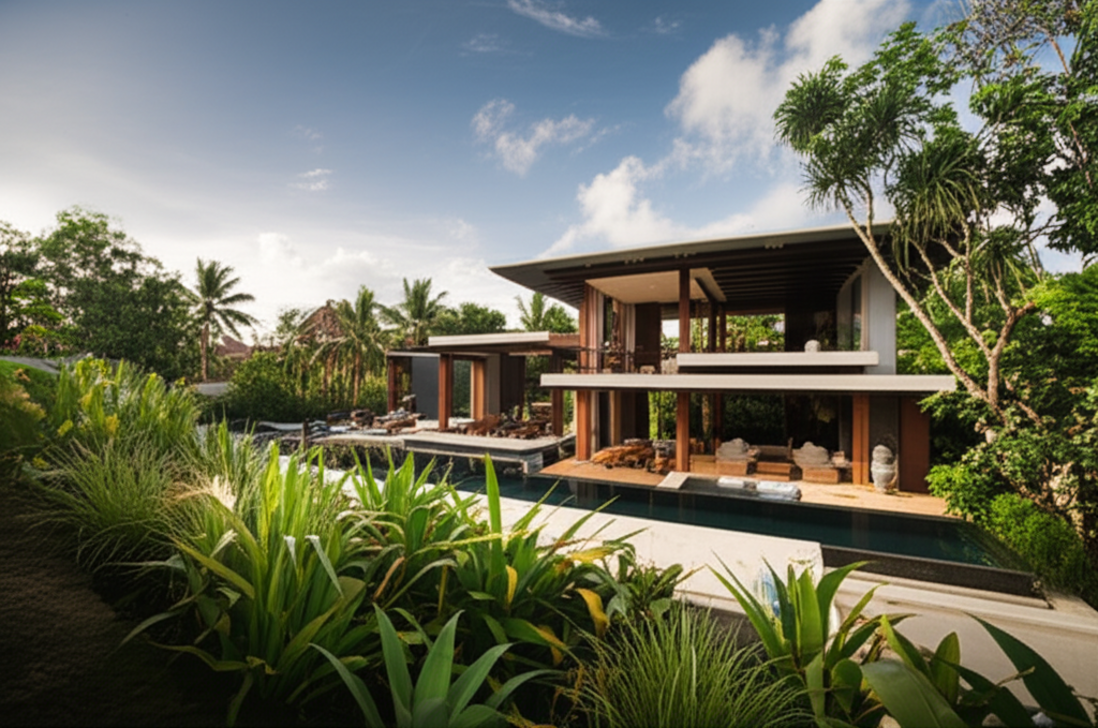 A photograph of a modern luxury villa under construction in Bali, surrounded by vibrant green tropical plants, highlighting the unique architectural blend of contemporary design with Balinese influences, suitable for an article about choosing a contractor in Bali.
