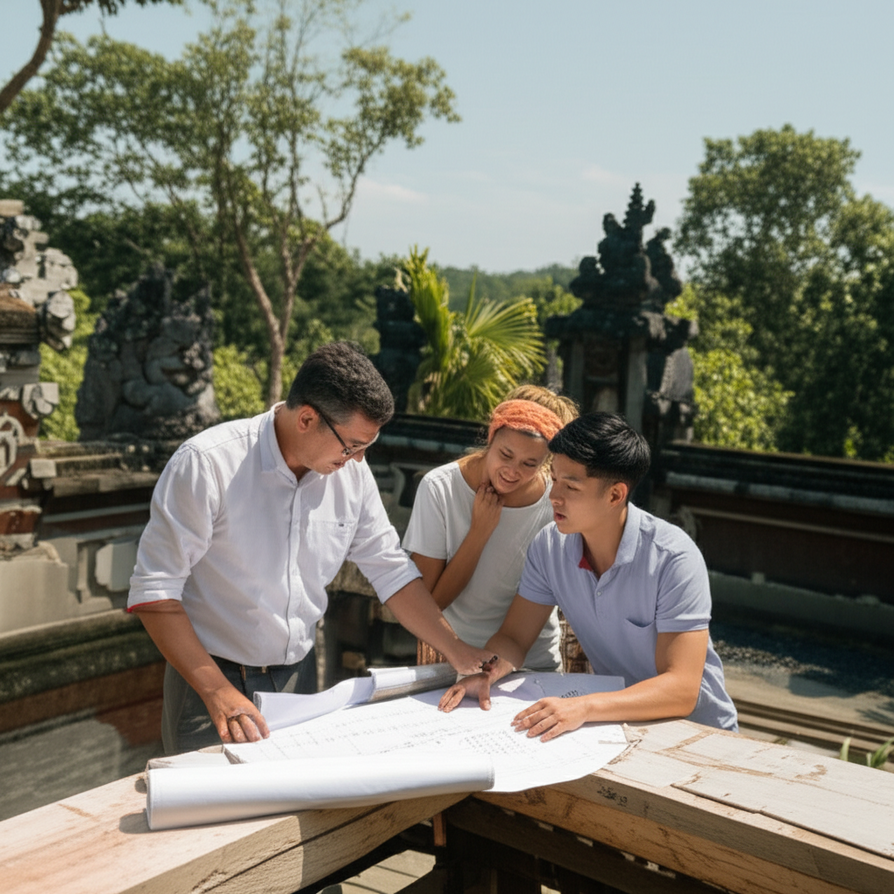 A general contractor and a client discussing construction plans on a modern building site in Bali, surrounded by tropical foliage and traditional Balinese architectural accents, symbolizing the blend of development and local culture.