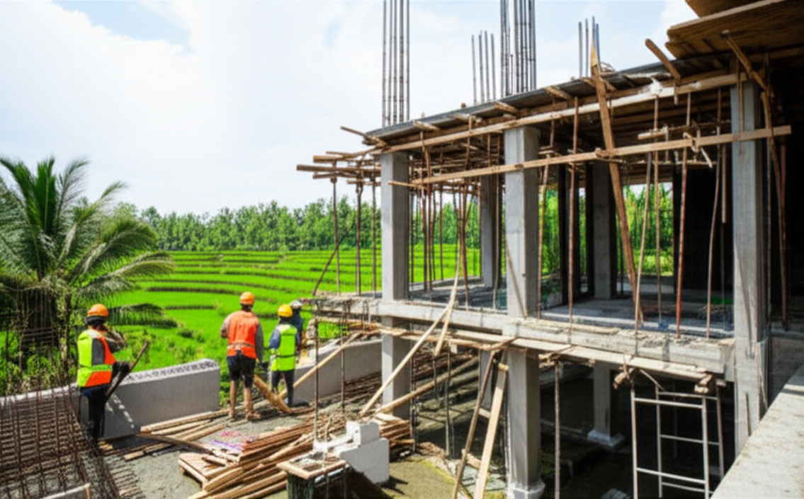 A modern villa under construction in Bali, surrounded by vibrant green rice paddies, with workers and building materials visible, symbolizing the complexities and beauty of construction in a tropical paradise.