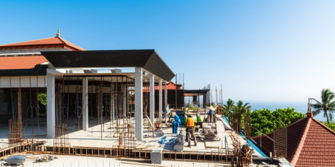 Overhead shot of a modern commercial building under construction in Bali, featuring a visible general contractor team, scaffolding, and structural elements against a backdrop of tropical landscape, suitable for SEO and accessibility.