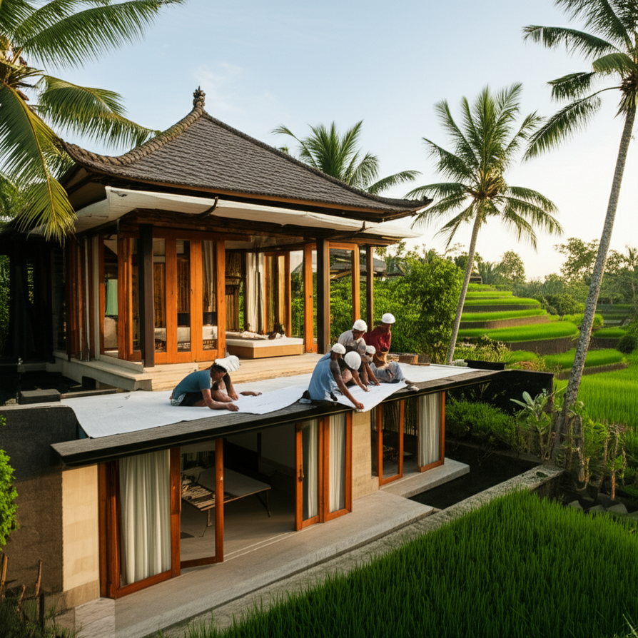 A photograph of a general contractor and construction team overseeing the building of a modern villa in a lush Balinese landscape, symbolizing professional construction in a tropical environment.