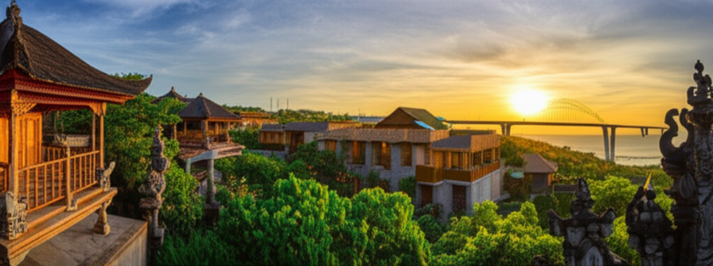 A panoramic view of Bali showing a blend of traditional Balinese architecture, modern eco-friendly resorts, and subtle contemporary infrastructure, all set against a lush tropical landscape and a vibrant sunset, symbolizing the island's dynamic construction future.