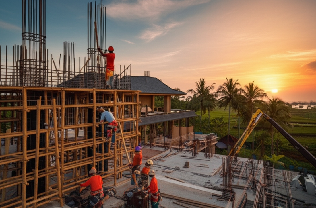 A panoramic image of a bustling construction site in Bali at sunset, showing workers and a partially built luxury resort with traditional Balinese architectural touches, surrounded by lush tropical landscape and glowing skies. Ideal for articles on Bali construction, development, and engineering.