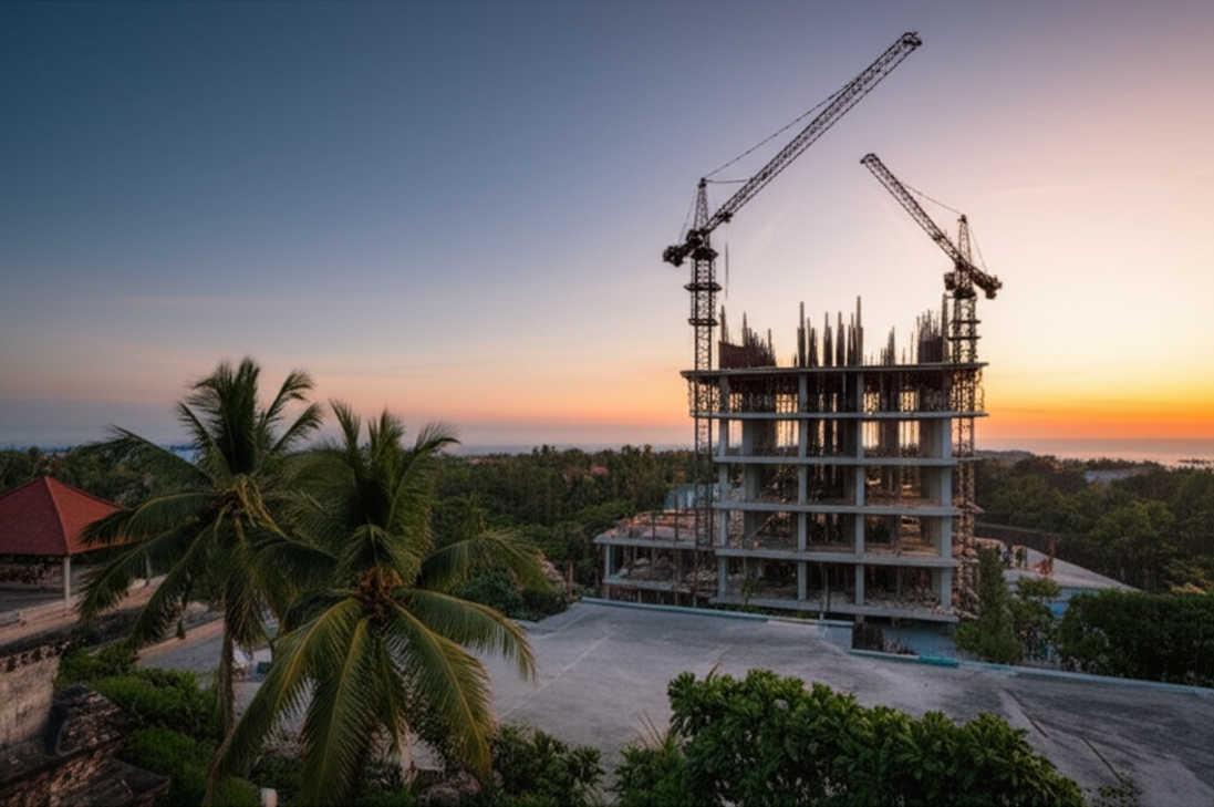 A modern commercial building being constructed in Bali, with cranes and scaffolding, set against a backdrop of traditional Balinese architecture, lush tropical greenery, and a colorful sunset, symbolizing the island's development and future.