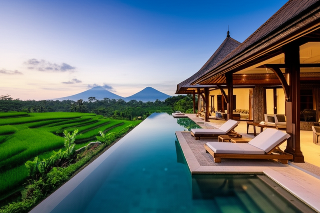 A stunning modern tropical villa in Bali at sunset, featuring a striking infinity pool, traditional architectural influences, and a panoramic view of verdant rice paddies and majestic volcanoes. This image represents a dream home meticulously built to last by expert residential building contractors, blending luxury with natural beauty.