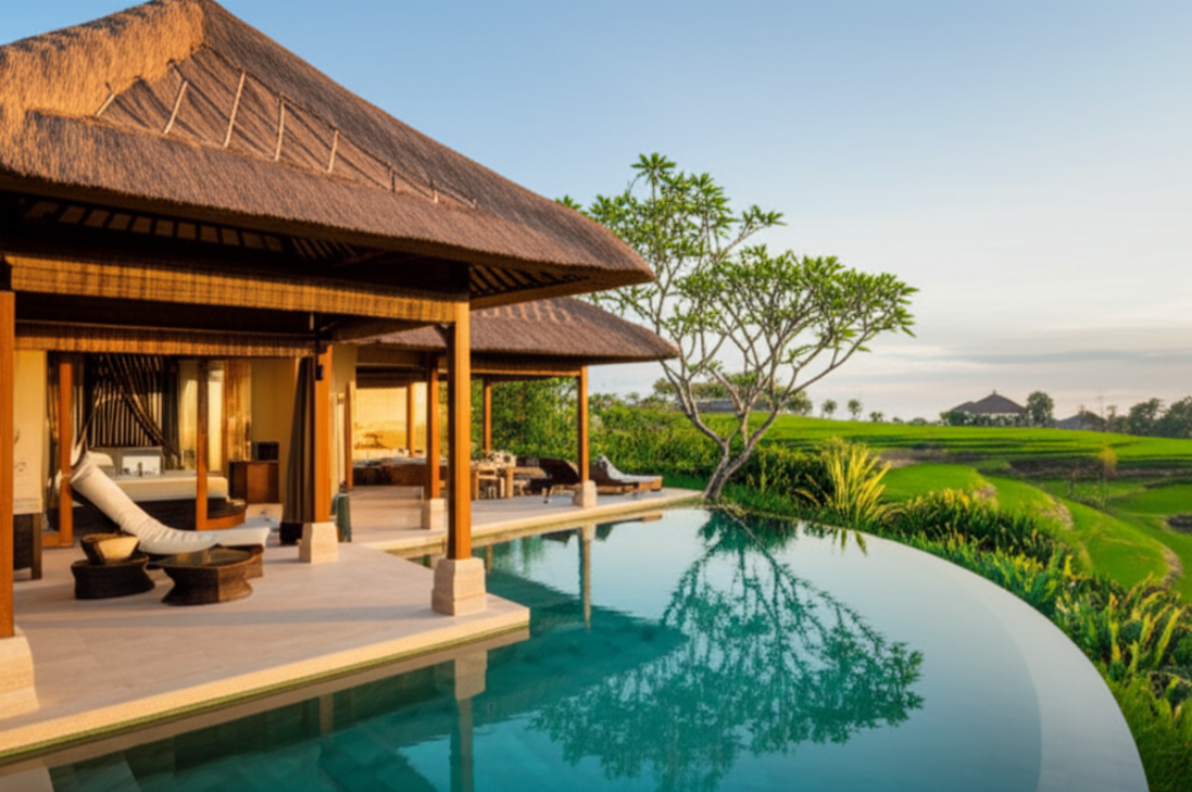 A stunning, newly renovated luxury villa in Bali with a blend of traditional and modern architectural styles, set against a backdrop of tropical gardens and an infinity pool, with a scenic view.
